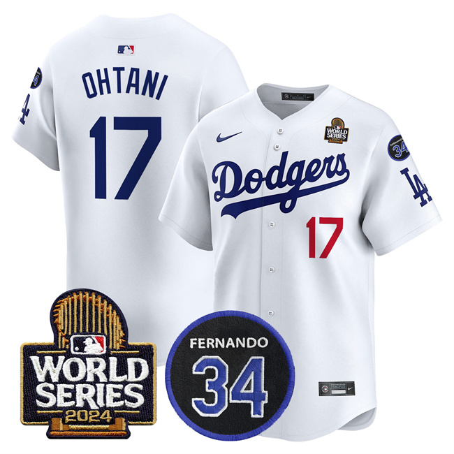 Youth Los Angeles Dodgers #17 Shohei Ohtani White 2024 World Series With Fernando Memorial Patch Limited Stitched Baseball Jersey Youth Los Angeles Dodgers #17 Shohei Ohtani White 2024 World Series With Fernando Memorial Patch Limited Stitched Baseball Jersey